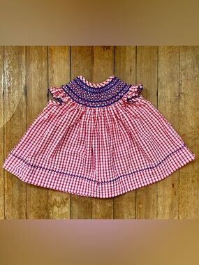 100% Cotton Red Gingham Smocked Dress with Blue Embroidery 3 months